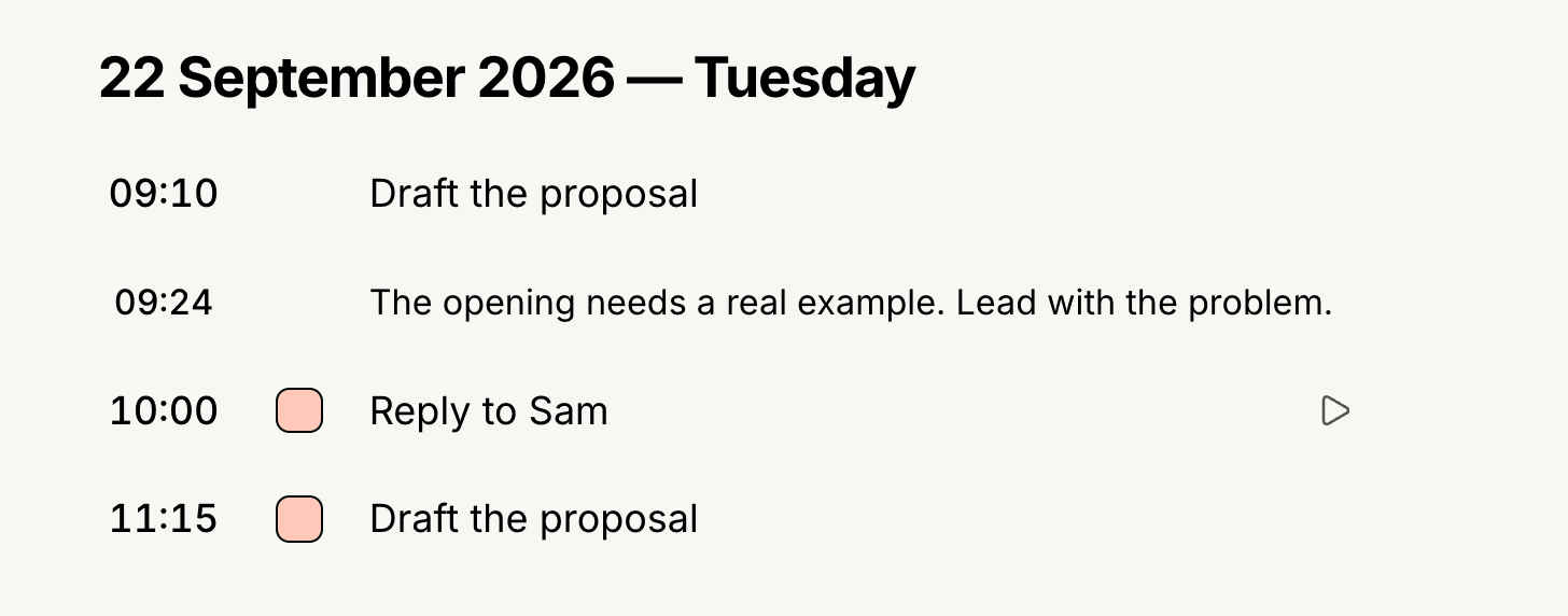 Journal at 11:15: the proposal is active again, with the earlier work and reflection retained above it.