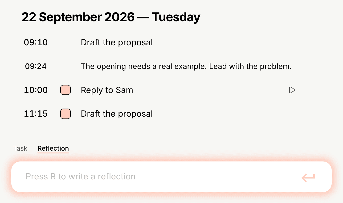JotSpan Journal: a proposal, an independent reflection, a reply to Sam, and a return to the proposal, above the Reflection composer.