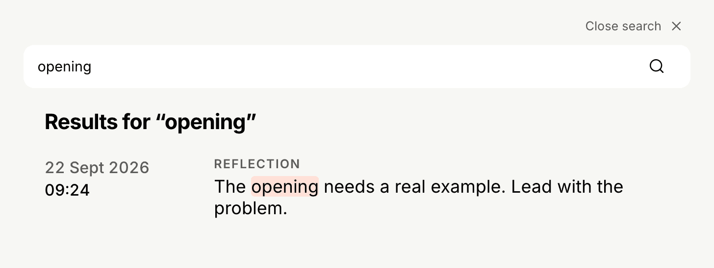 JotSpan Search results for opening, finding the reflection: The opening needs a real example. Lead with the problem.
