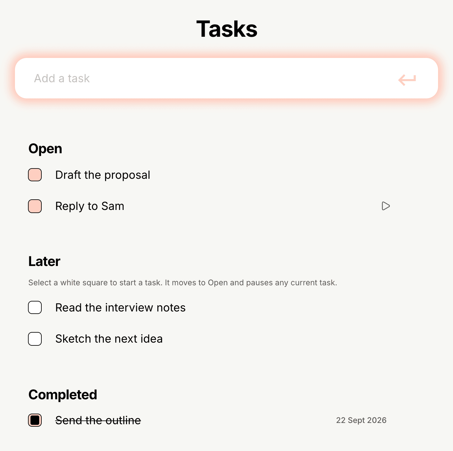 JotSpan Tasks showing Draft the proposal and Reply to Sam in Open, two ideas in Later, and Send the outline in Completed.